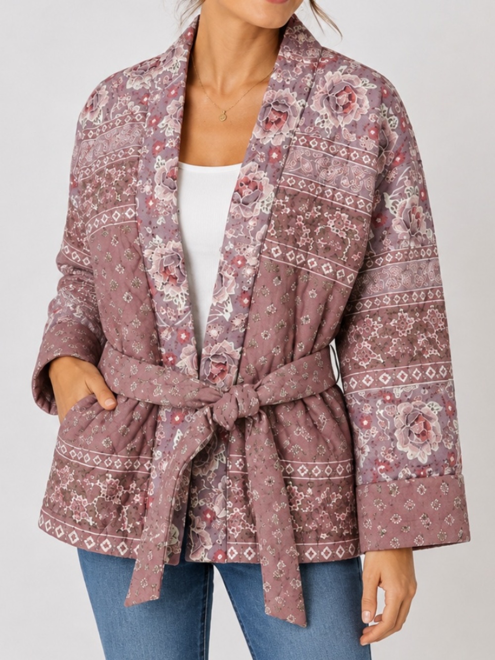 Lucky Brand Bohemian Quilted Kimono Wrap Jacket Oversized Size XS/S